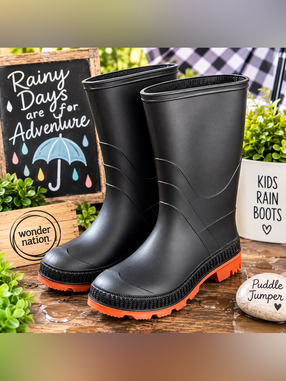 🌧️ Wonder Nation Youth Size 2 Waterproof Chore Rain Boots – Black/Orange